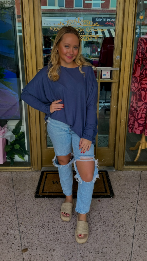 Kerri Relaxed Fit Dolman Long Sleeve-Dusty Navy