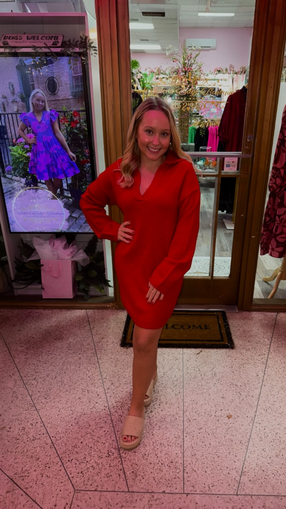 Avah Polo Long Sleeve Sweater Dress-Red
