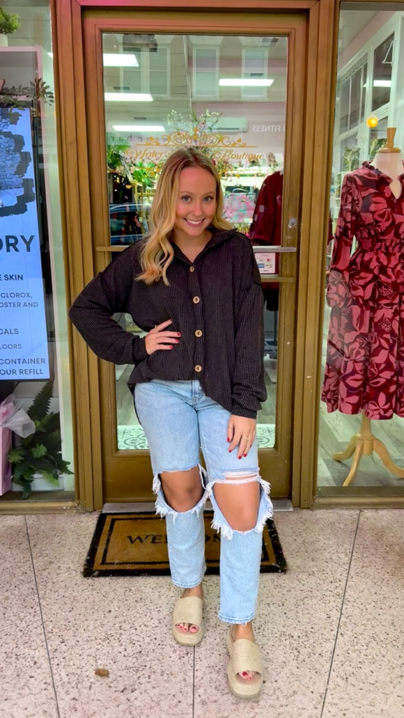 Hattie Rose Urban Ribbed Button Down-Charcoal