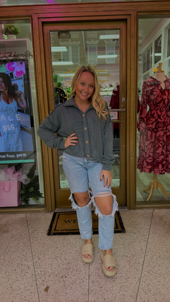 Hattie Rose Urban Ribbed Button Down-Olive Vintage