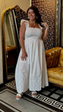 Ivy White Smocked Ruffle Sleeve Eyelet Ruffle Hem Midi Dress
