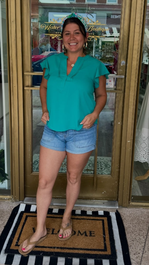 Sasha Pleated Split Neck Flutter Sleeve Top - Teal