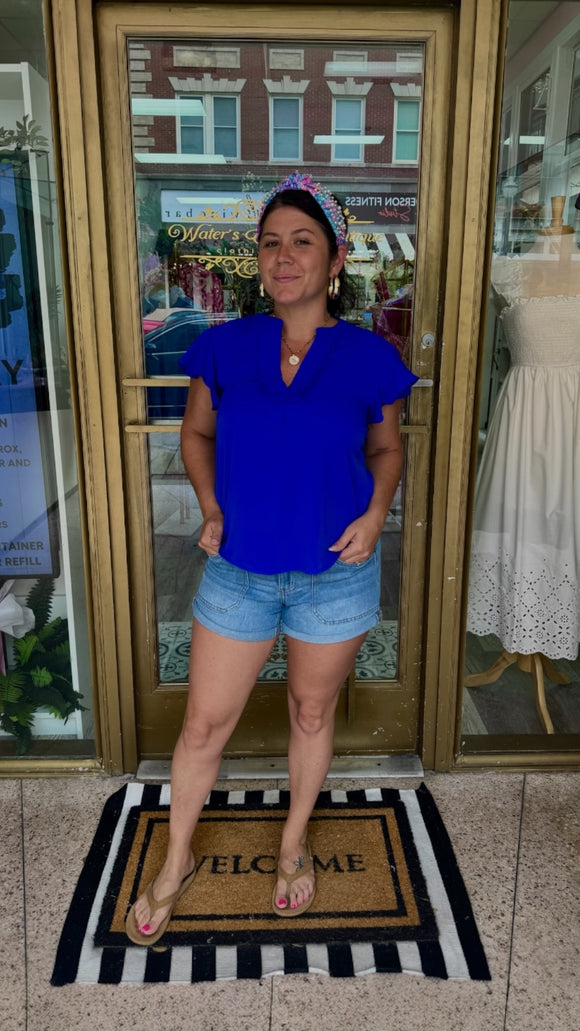 Sasha Pleated Split Neck Flutter Sleeve Top - Royal Blue