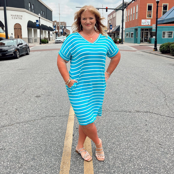 Lucy Plus Blue Striped V-Neck Dress