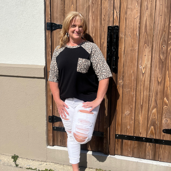Jayden Black Raglan Leopard Sleeve Top