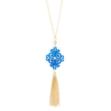 Cobalt Glitter Twirling Blossom Tassel Necklace by ZENZII