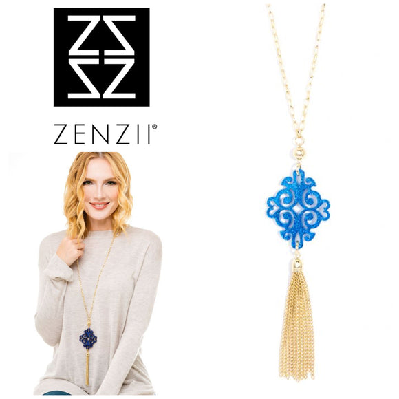 Cobalt Glitter Twirling Blossom Tassel Necklace by ZENZII