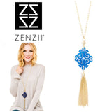 Cobalt Glitter Twirling Blossom Tassel Necklace by ZENZII