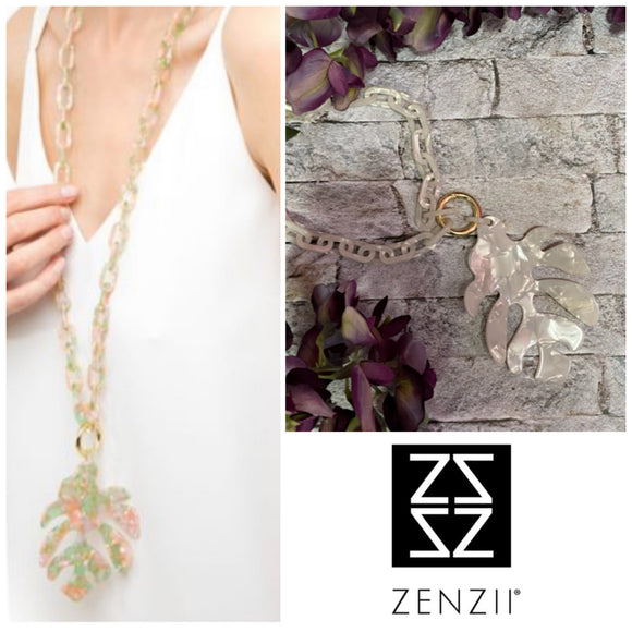 White Tortoise Palm Tree Leaf Pendant Necklace by ZENZII