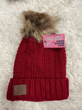 Red Faux Fur Pom Pom Knit Beanie by Puppie Love