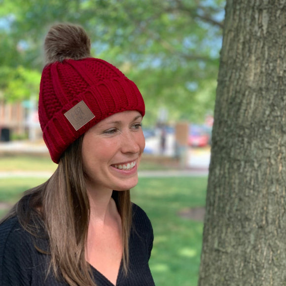 Red Faux Fur Pom Pom Knit Beanie by Puppie Love